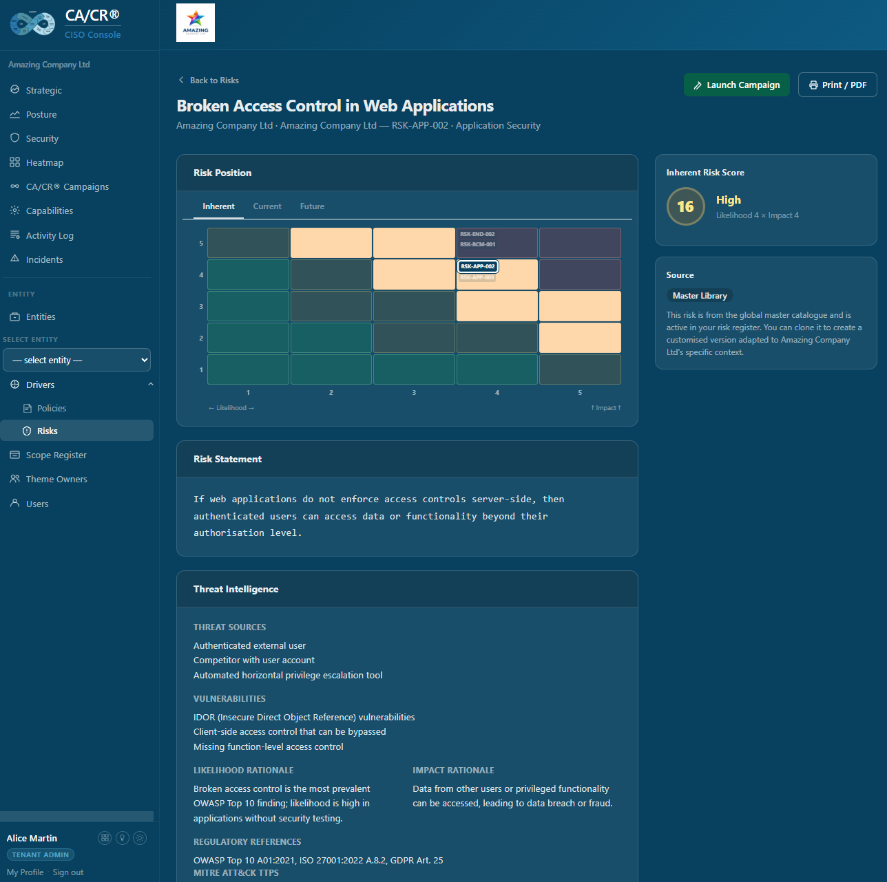 CA/CR® CISO Console - Risk Register